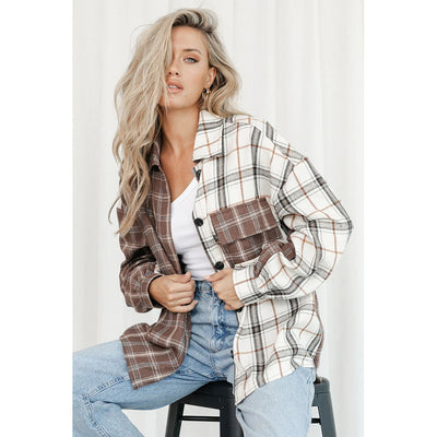 European And American Women's Clothing Wholesale Original Design Asymmetric Color-contrast Check Shirt Long Sleeve Lapel Casual Shirt 255270