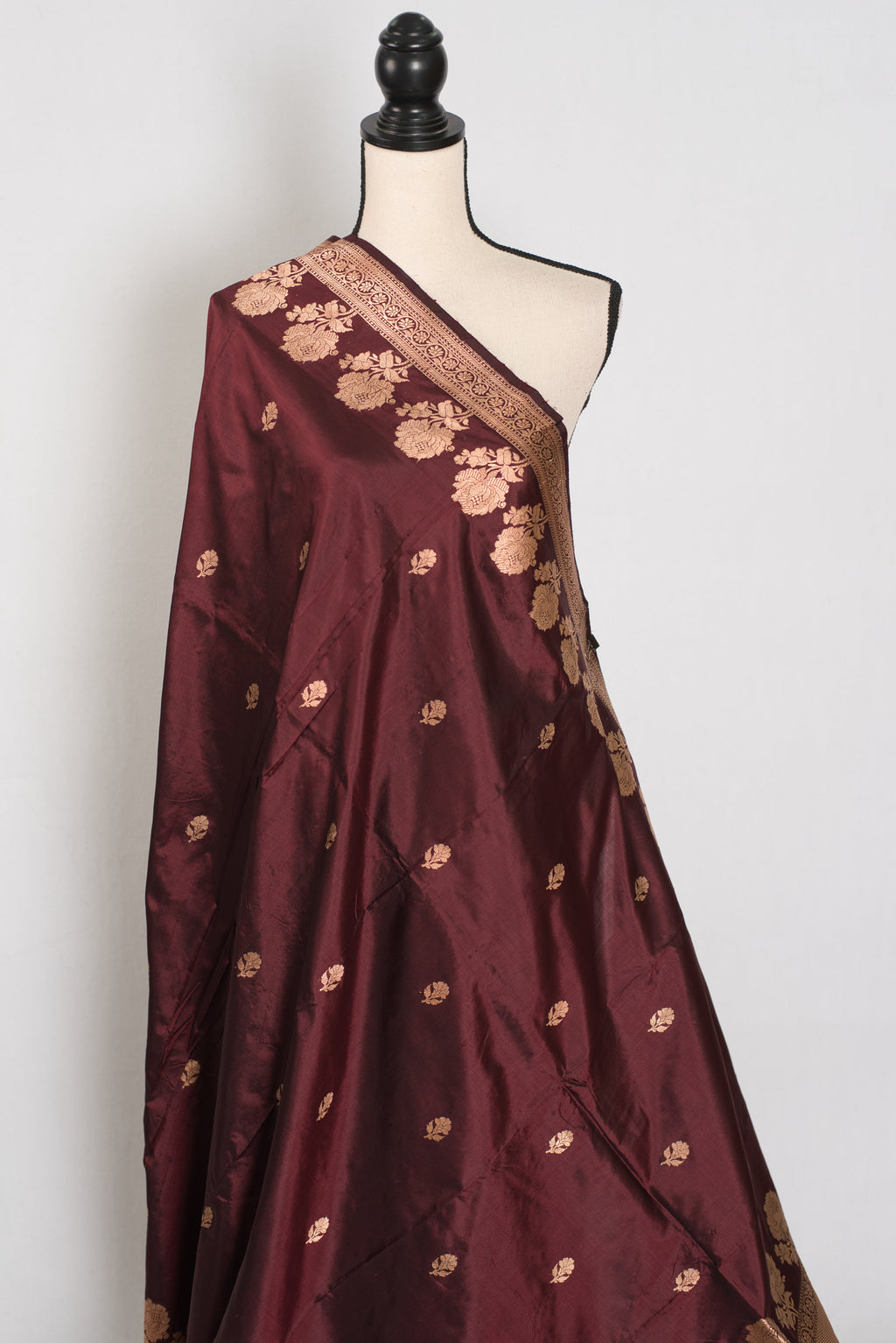 Rosa | Coffee Brown Pure Silk Banarasi Saree | Handwoven Gold Zari Rose Motifs