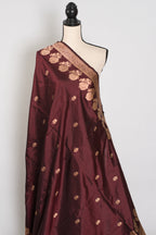 Rosa | Coffee Brown Pure Silk Banarasi Saree | Handwoven Gold Zari Rose Motifs