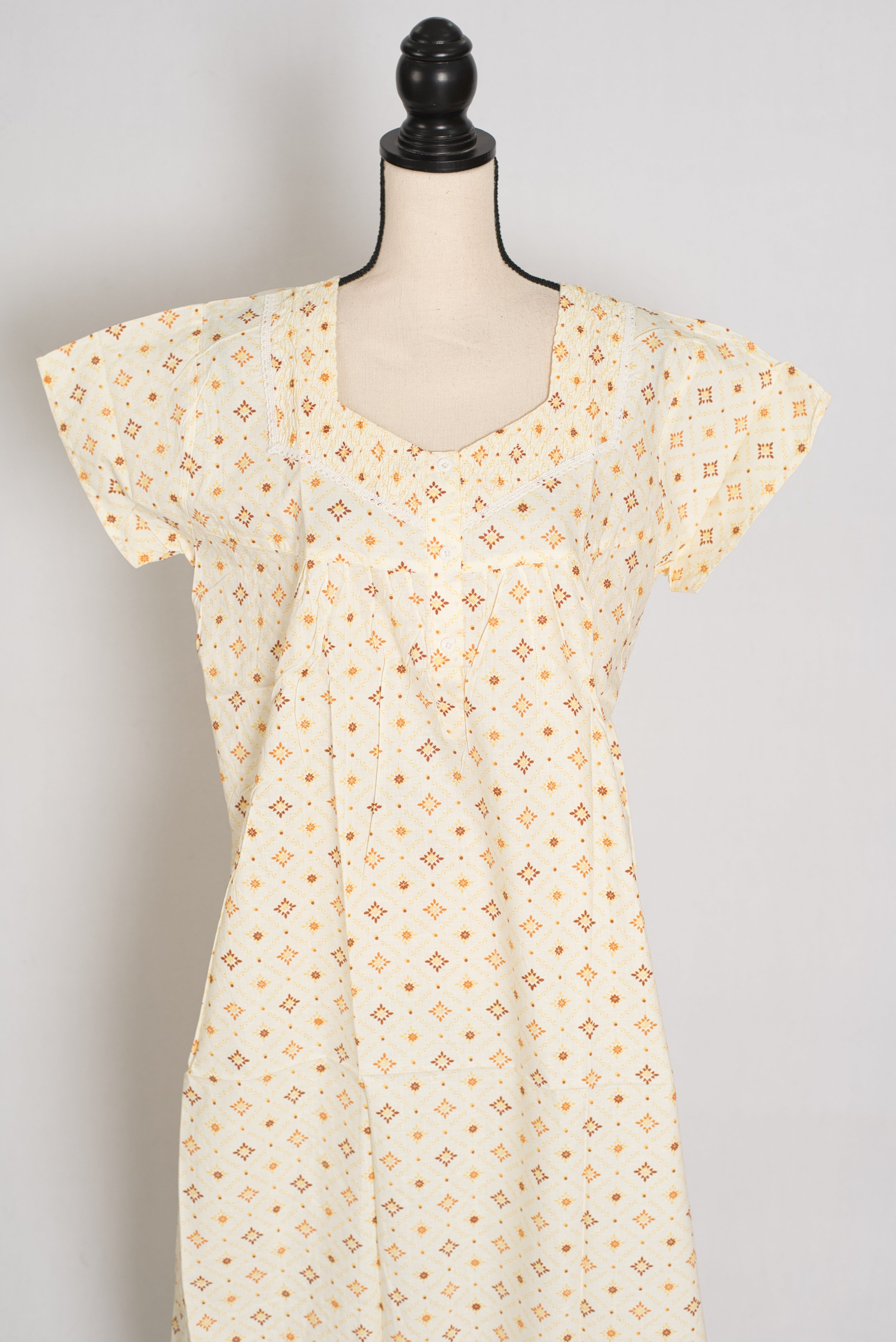 Creamy Yellow Geometric Floral Print Pure Cotton Indian Nightgown