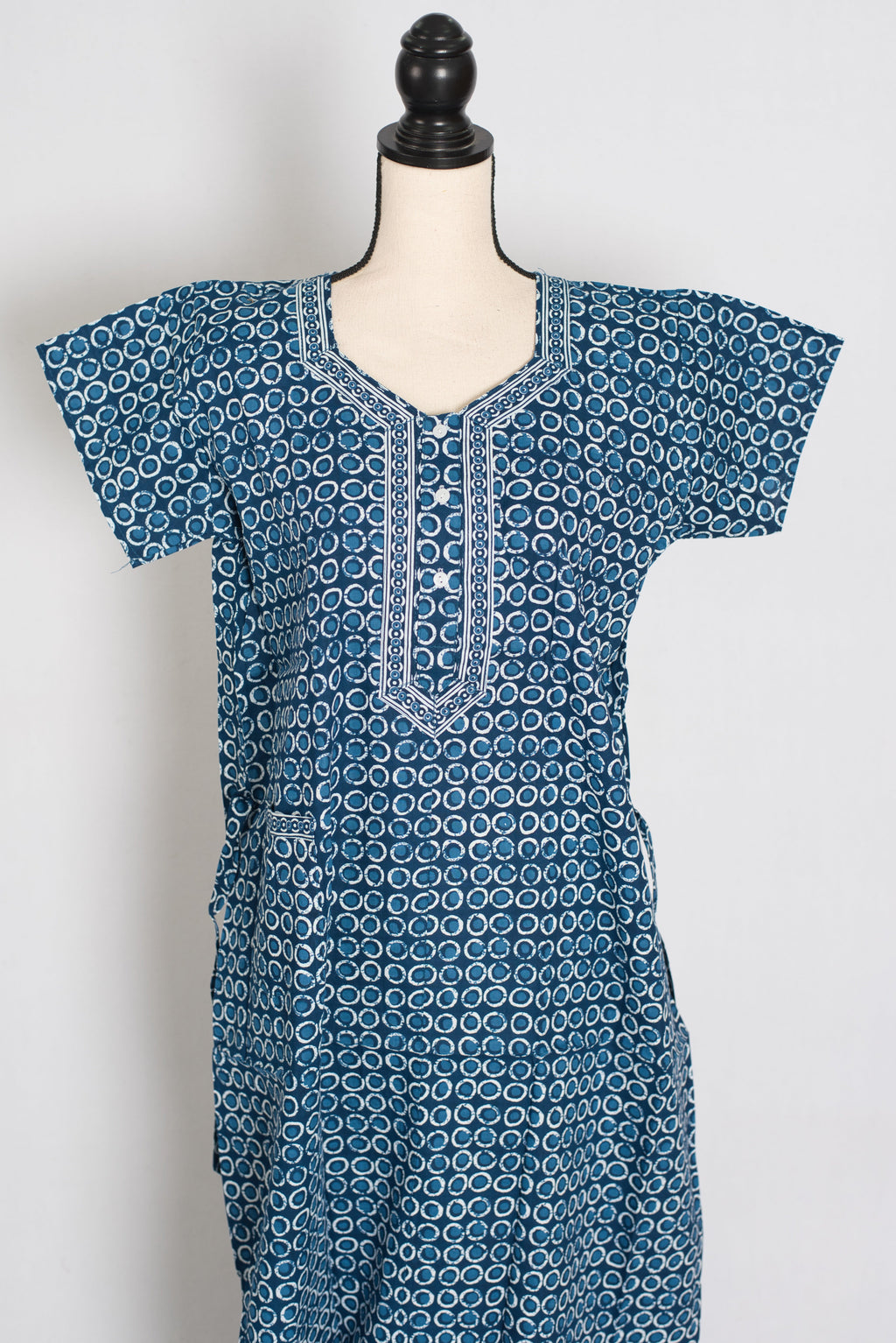 Indigo Blue Geometric Circle Print Pure Cotton Long Indian Nightgown