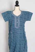 Indigo Blue Geometric Circle Print Pure Cotton Long Indian Nightgown