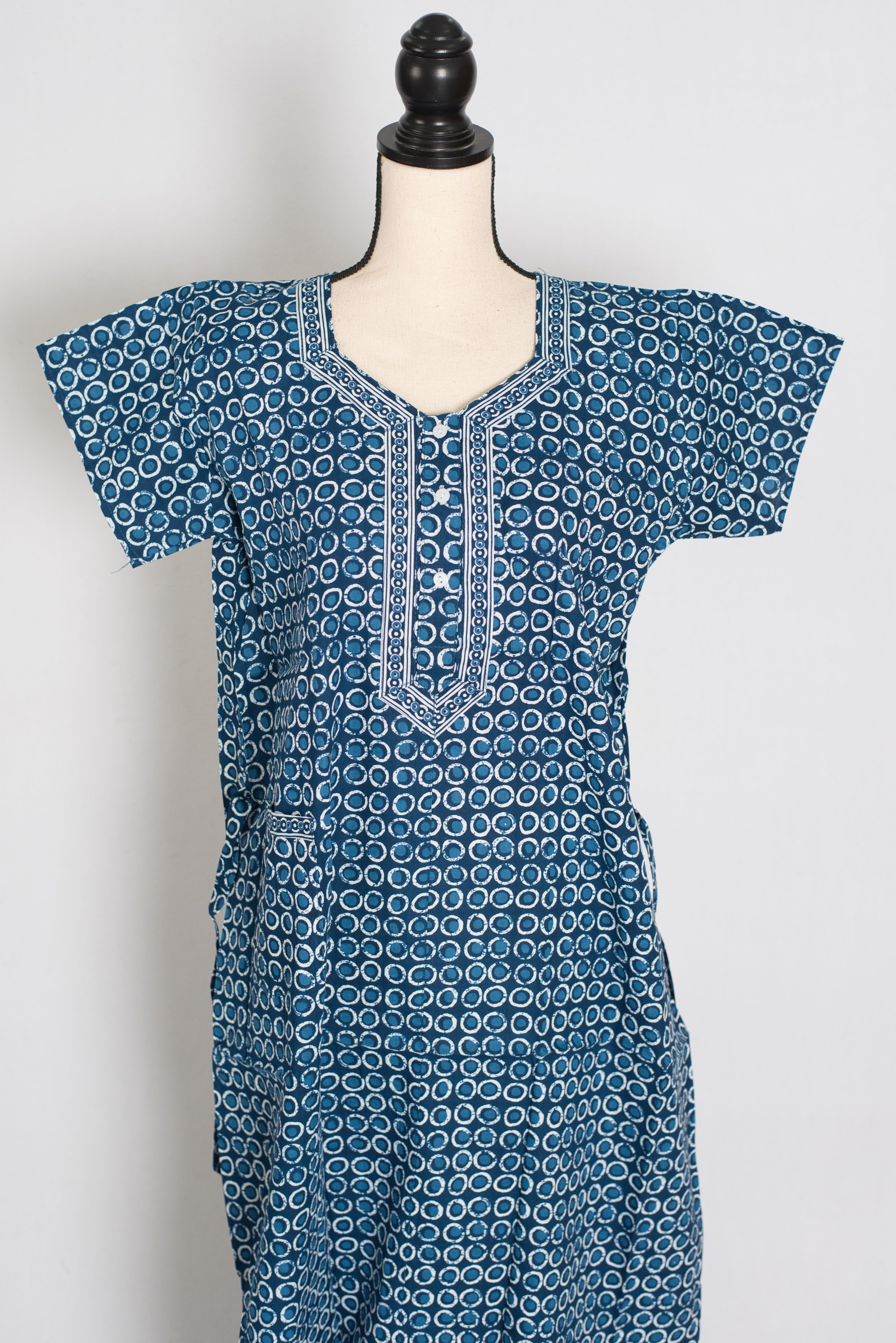 Indigo Blue Geometric Circle Print Pure Cotton Long Indian Nightgown