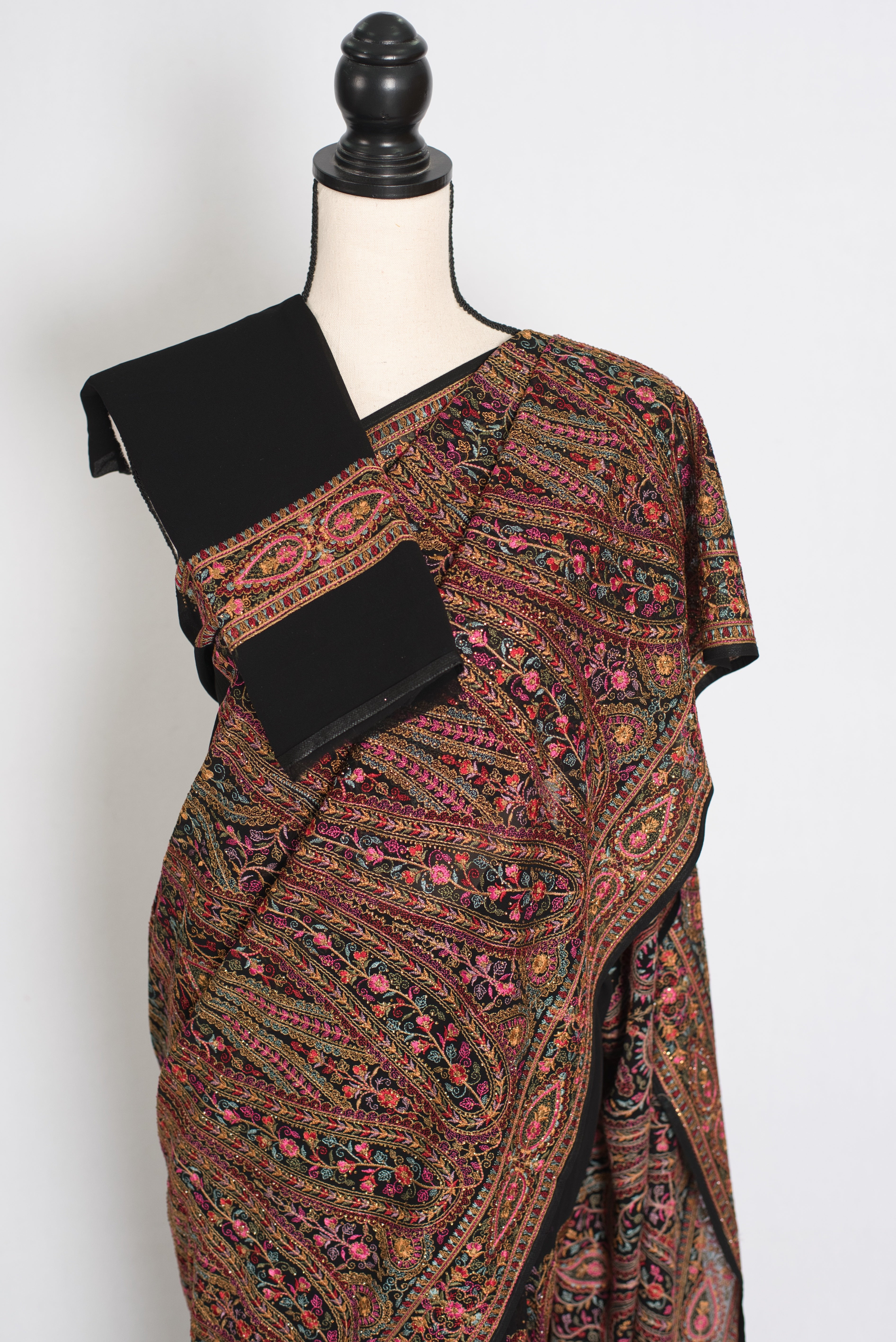 Pritha | Black Georgette Saree | All-Over Intricate Kashmiri Embroidery Jaal