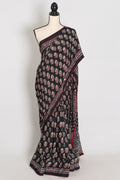 Afrin | Black Ajrakh Printed Saree | Mirror Work Semi Modal Silk