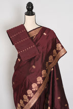 Rosa | Coffee Brown Pure Silk Banarasi Saree | Handwoven Gold Zari Rose Motifs