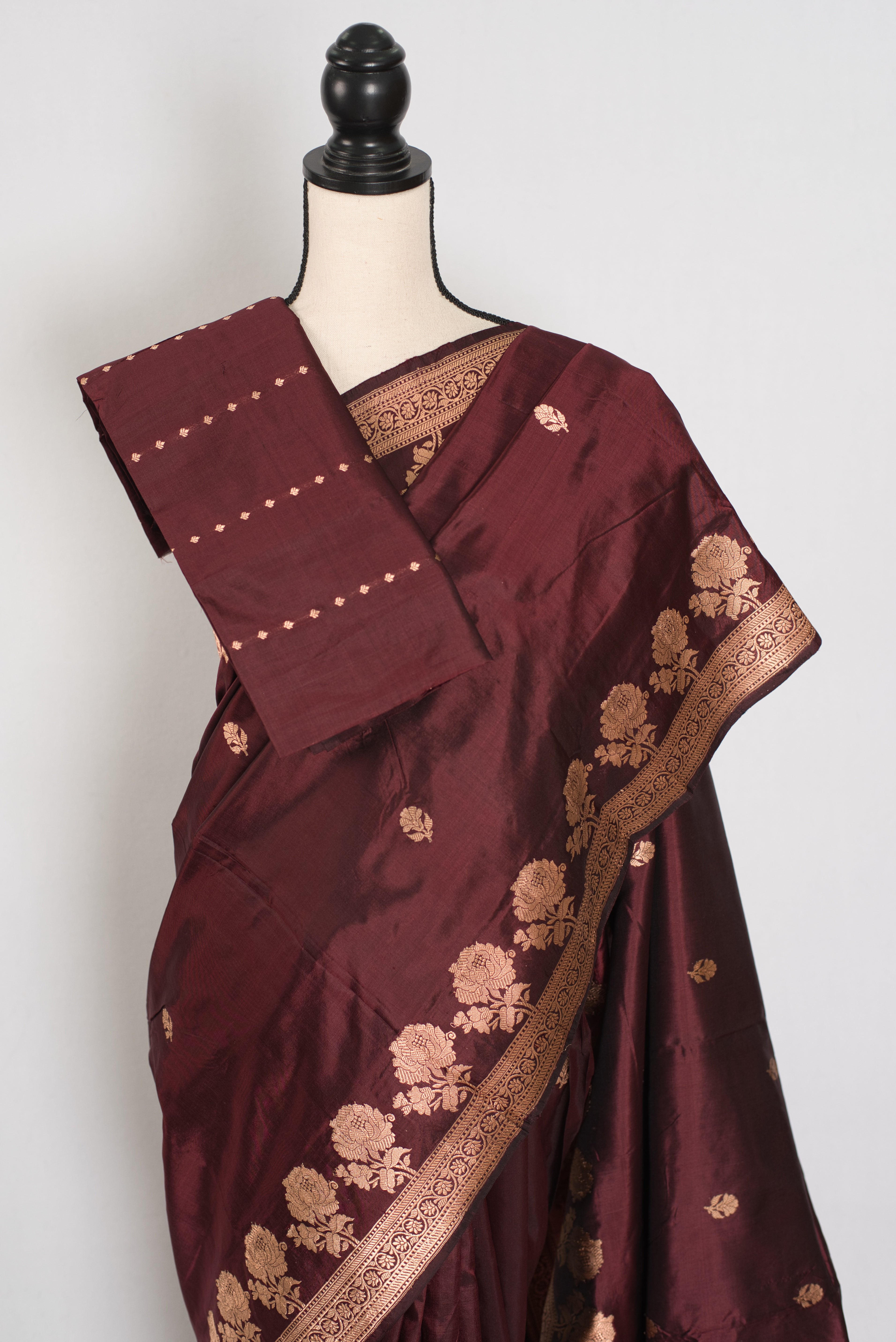 Rosa | Coffee Brown Pure Silk Banarasi Saree | Handwoven Gold Zari Rose Motifs