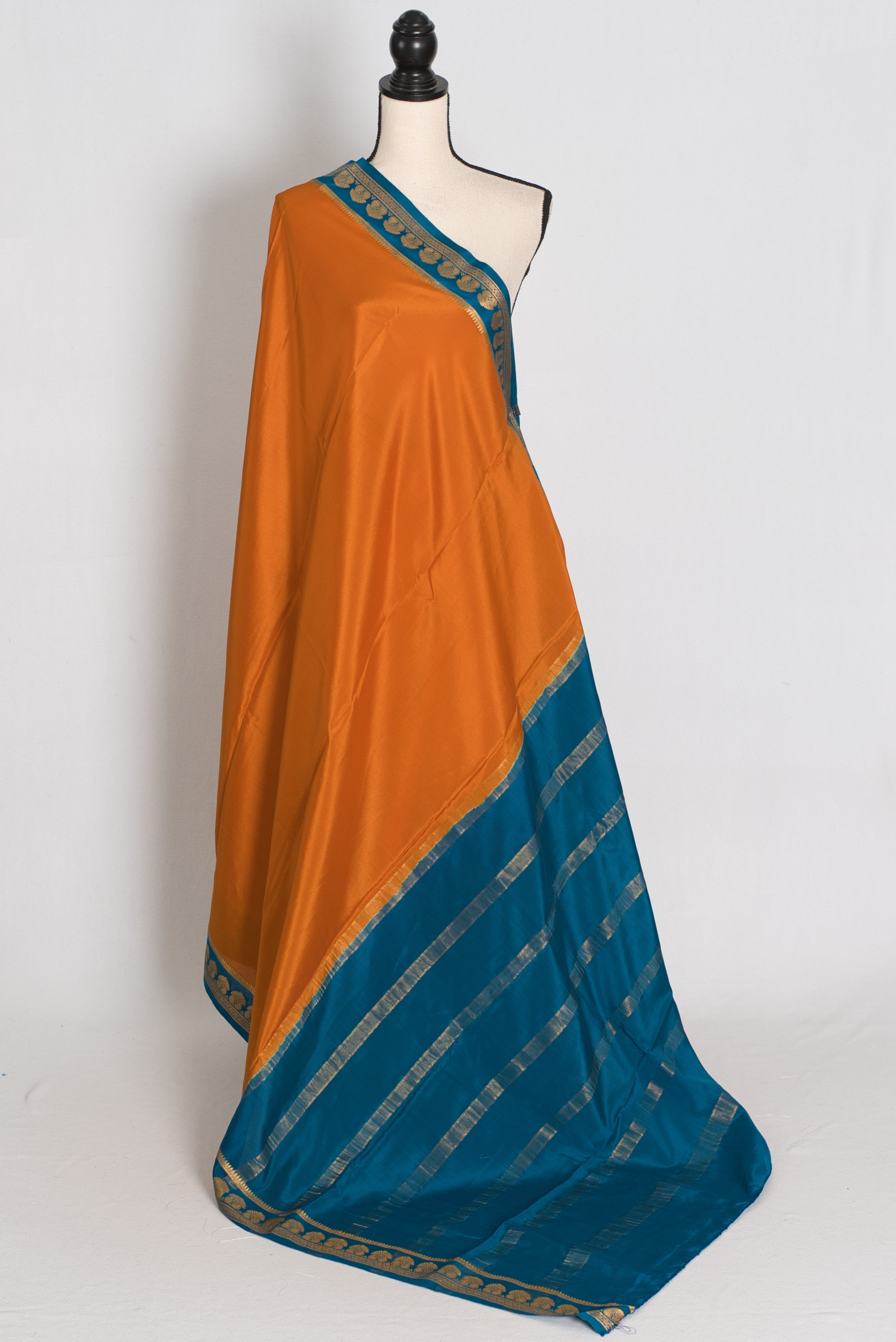Nandini Orange and Turquoise Pure Mysore Silk Crepe Saree with 36 Size Blouse