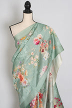 Soma : Sea Green Floral Banarasi Katan Silk Saree with 40 Size Stitched Blouse