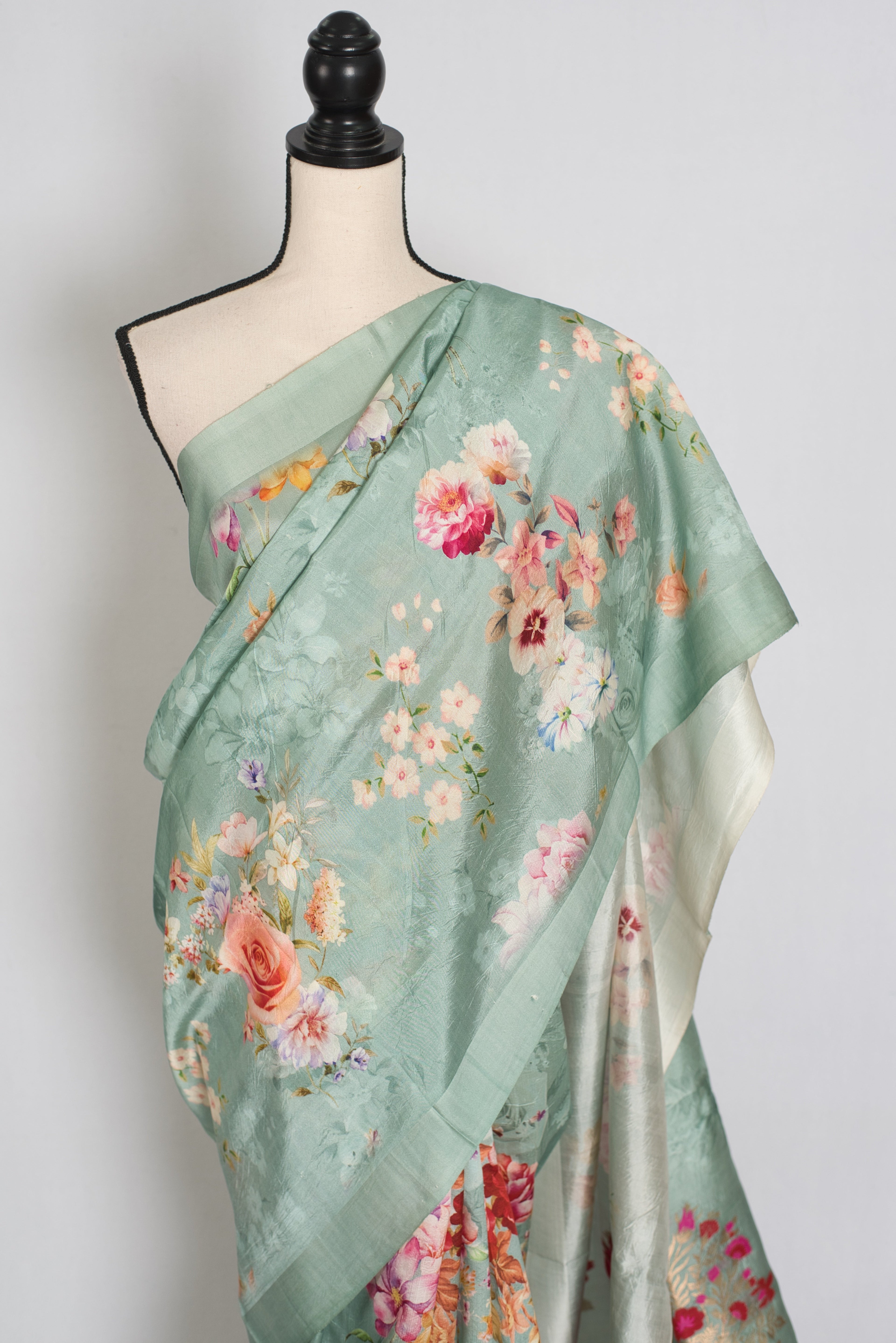 Soma : Sea Green Floral Banarasi Katan Silk Saree with 40 Size Stitched Blouse