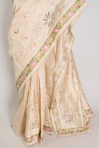 Shreya: Cream Semi Tussar Silk Saree with Multi-Color Cut Work Embroidery