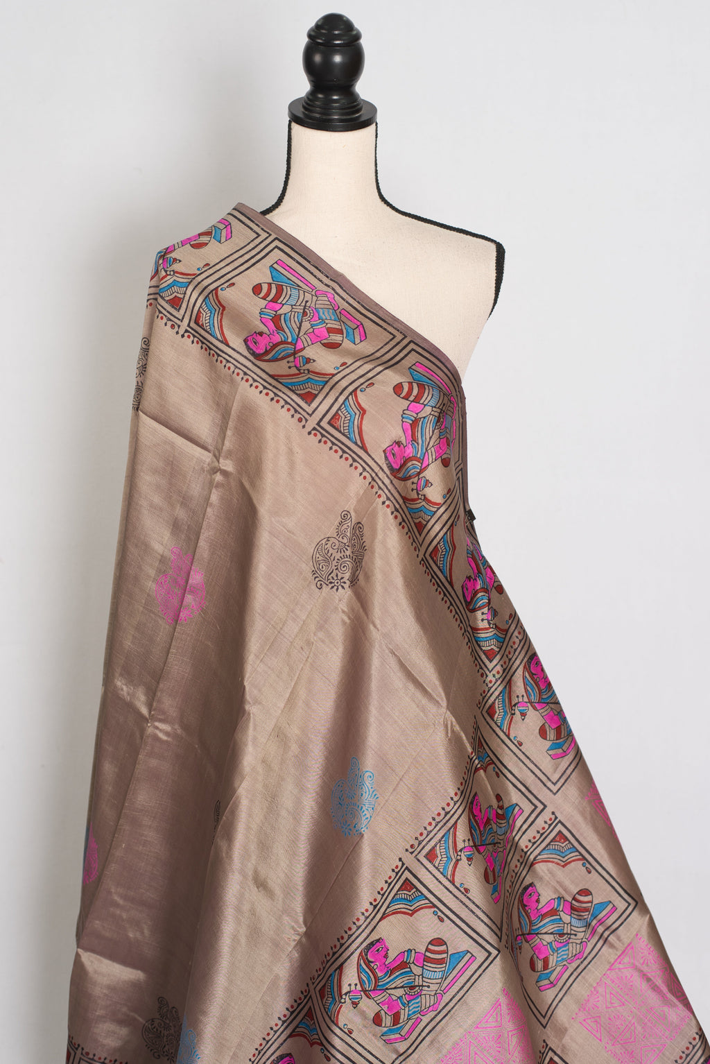 Ria | Ash Brown Hand Block Printed Bishnupur Silk Saree | 40 Size Blouse