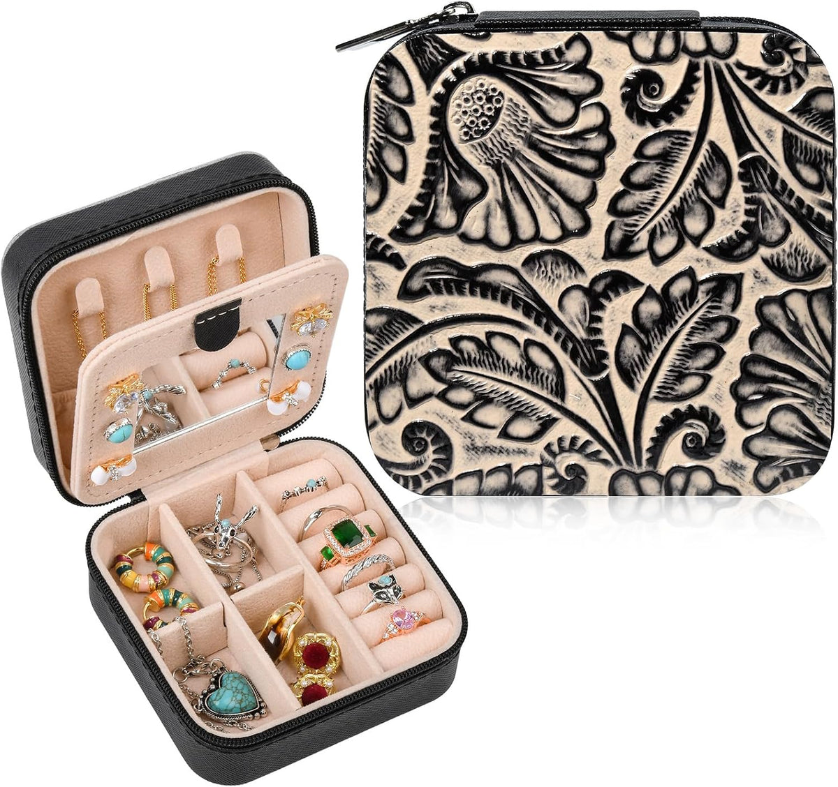 Western Jewelry Box Case Real Leather Black and Beige Embossed Tooled Travel Jewelry Organizer Gifts Christmas Gifts for Women Country Girls Cowgirl Stuff Portable Travel Accessories -Black