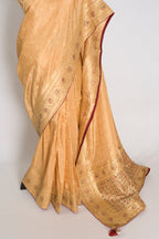 Benu : Beige and Gold Dola Silk Banarasi Saree with Hand-Embroidered Work