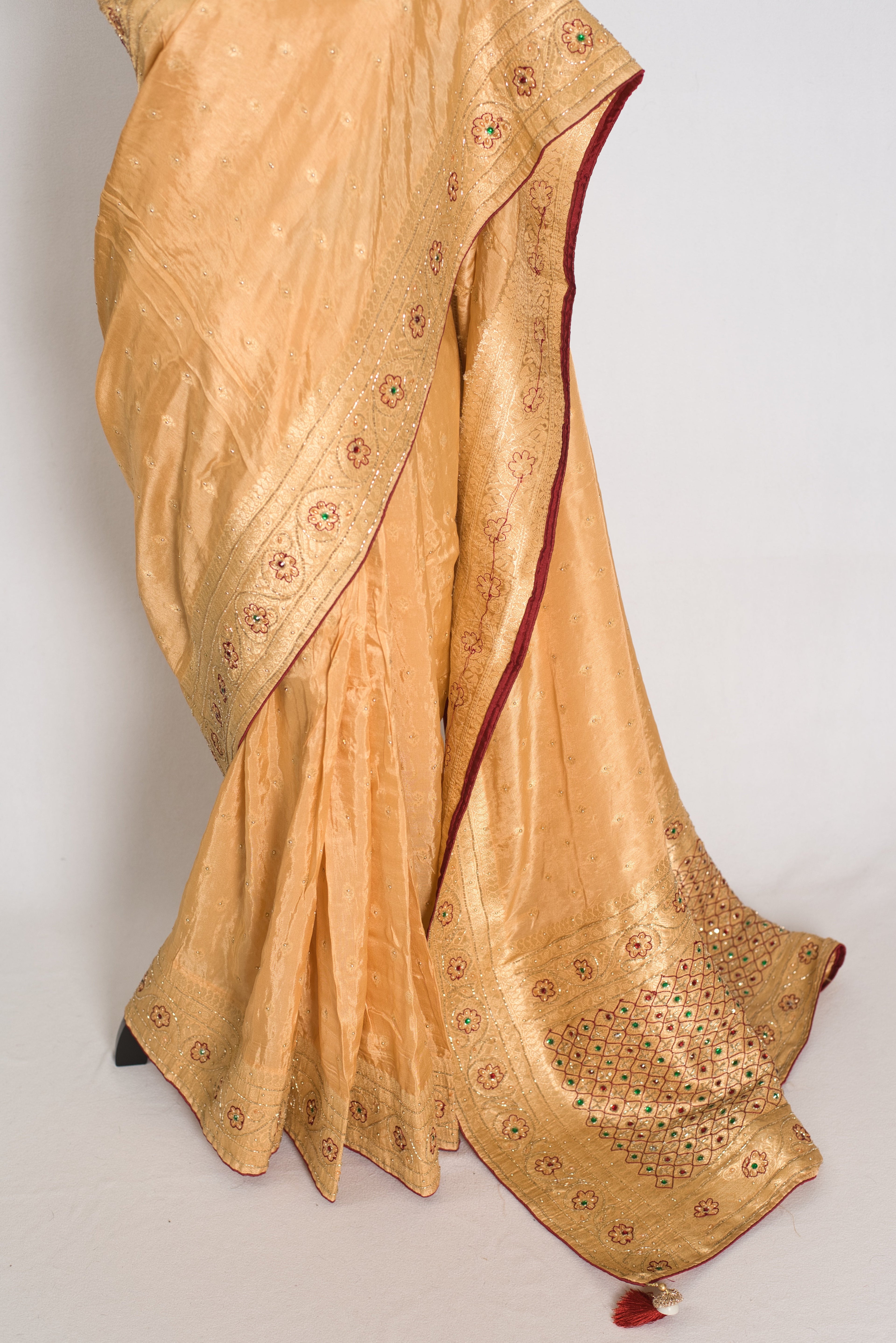 Benu : Beige and Gold Dola Silk Banarasi Saree with Hand-Embroidered Work