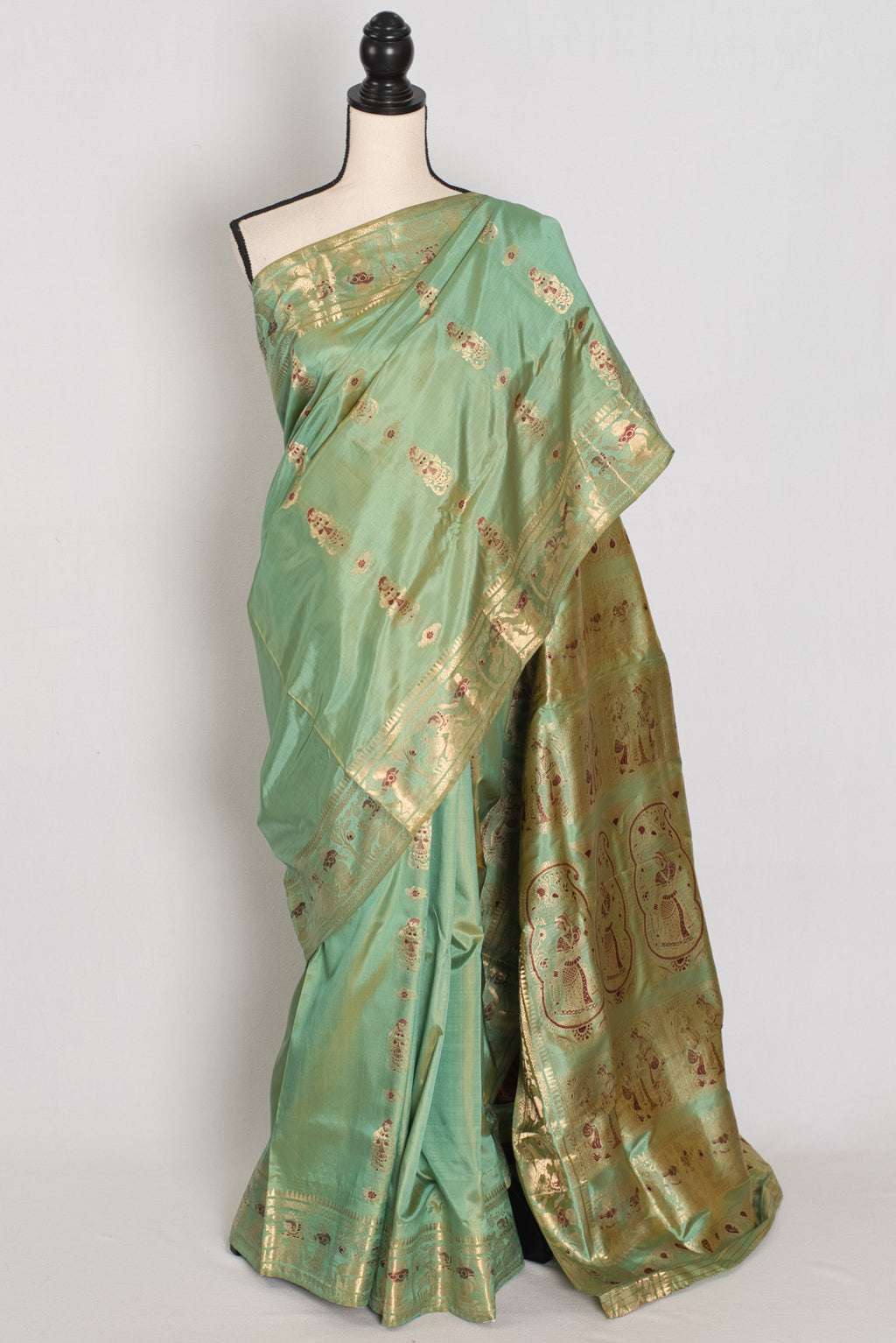 Vibha | Pastel Sea Green Handwoven Minakari Swarnachari Saree | 40 Size Blouse