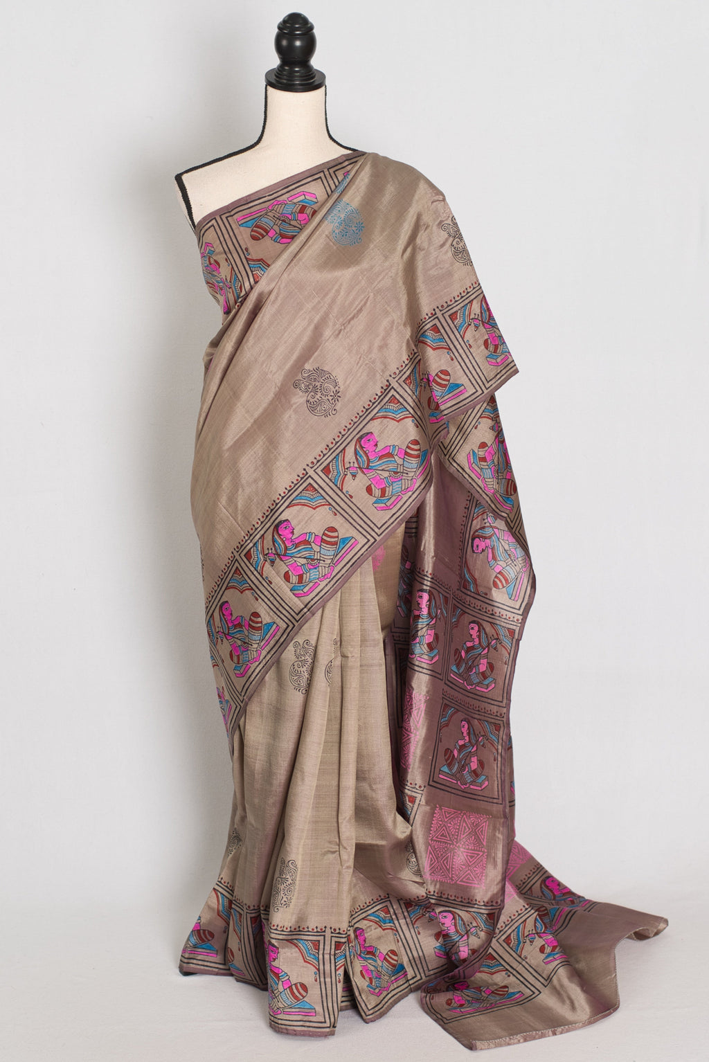 Ria | Ash Brown Hand Block Printed Bishnupur Silk Saree | 40 Size Blouse