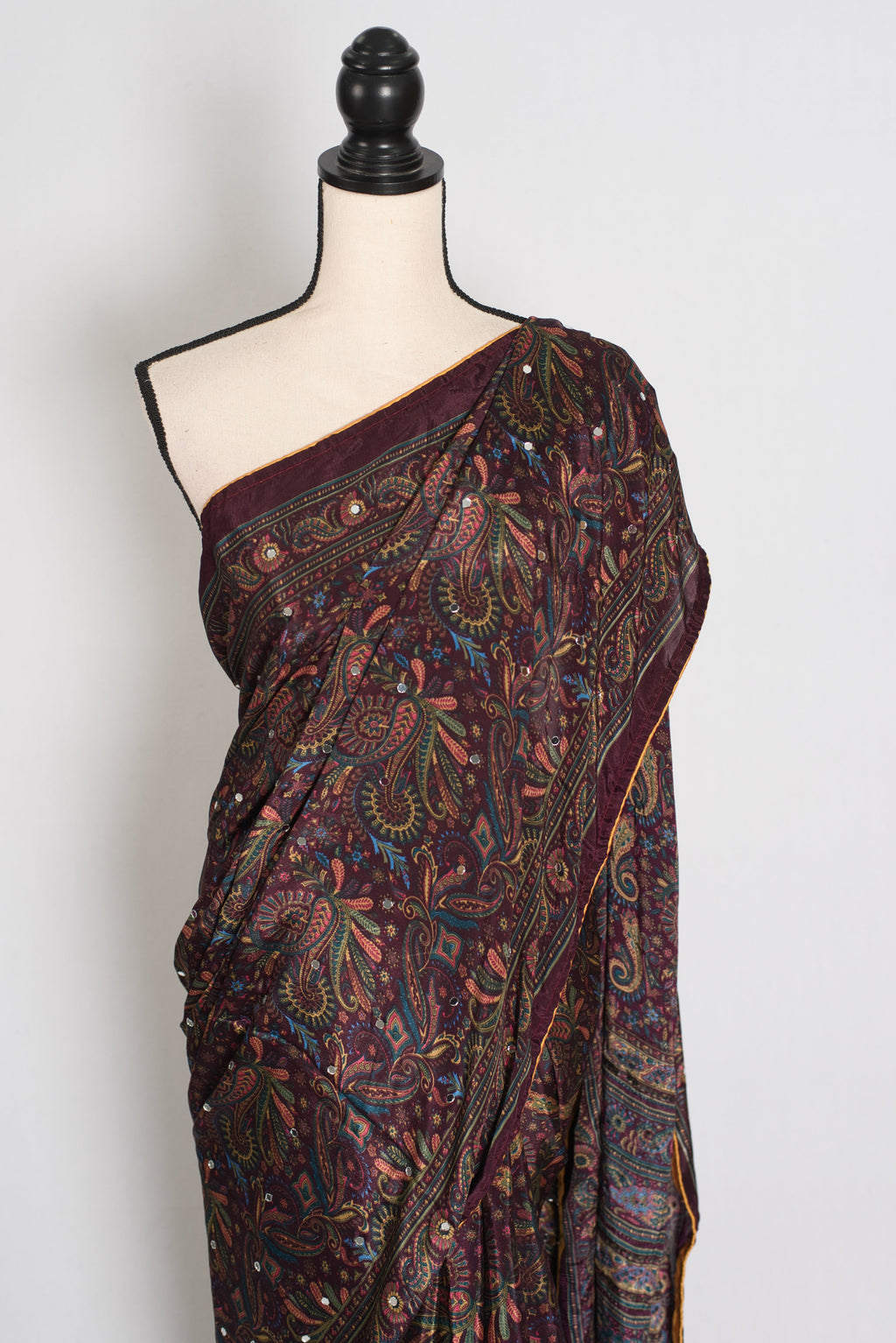 Nirja | Purple Kalamkari Printed Mirror Work Saree | Soft Semi Modal Silk
