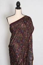 Nirja | Purple Kalamkari Printed Mirror Work Saree | Soft Semi Modal Silk