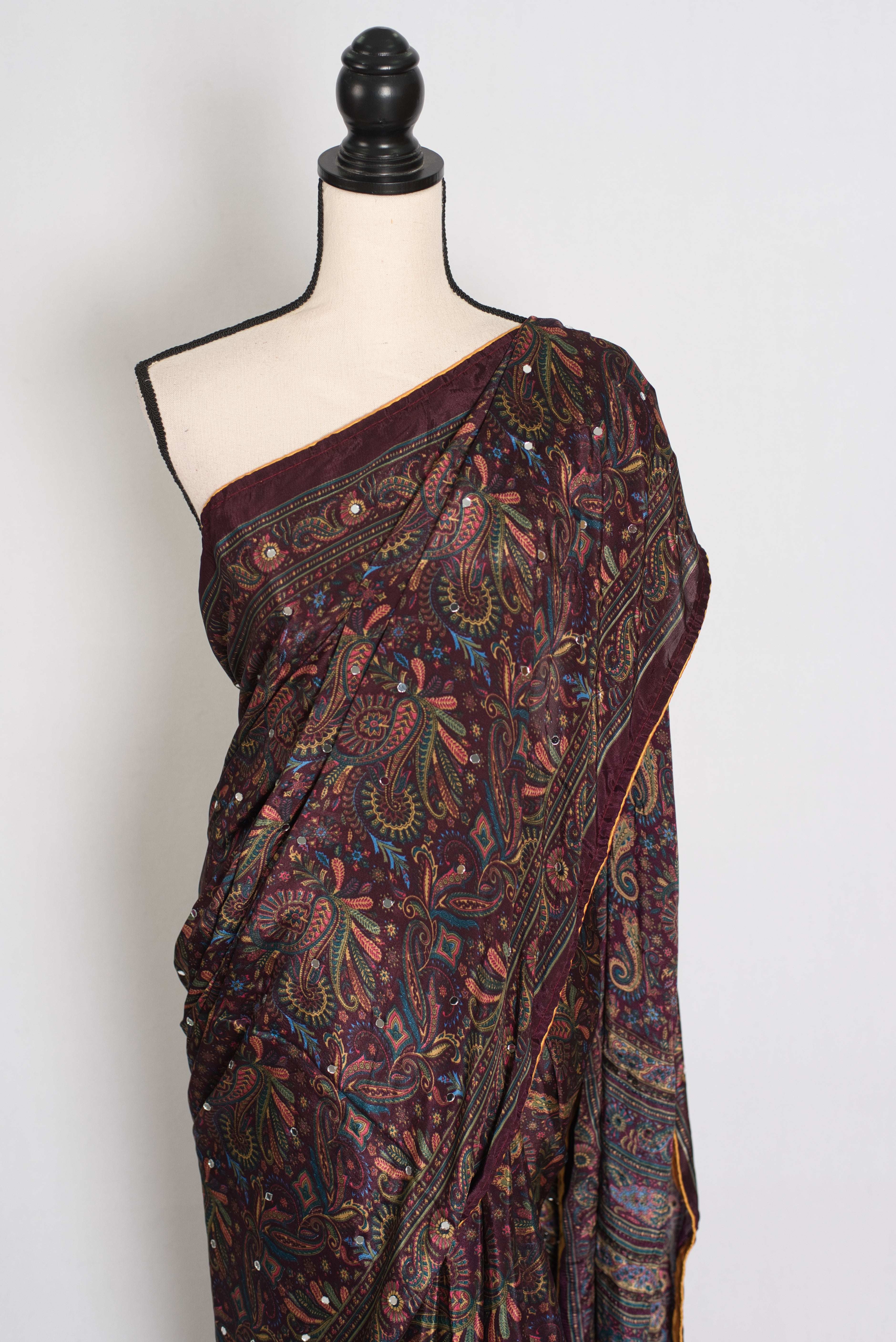 Nirja | Purple Kalamkari Printed Mirror Work Saree | Soft Semi Modal Silk
