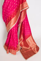 Harini | Pink & Red Dola Silk Banarasi Saree | Designer Stitched Lace Border