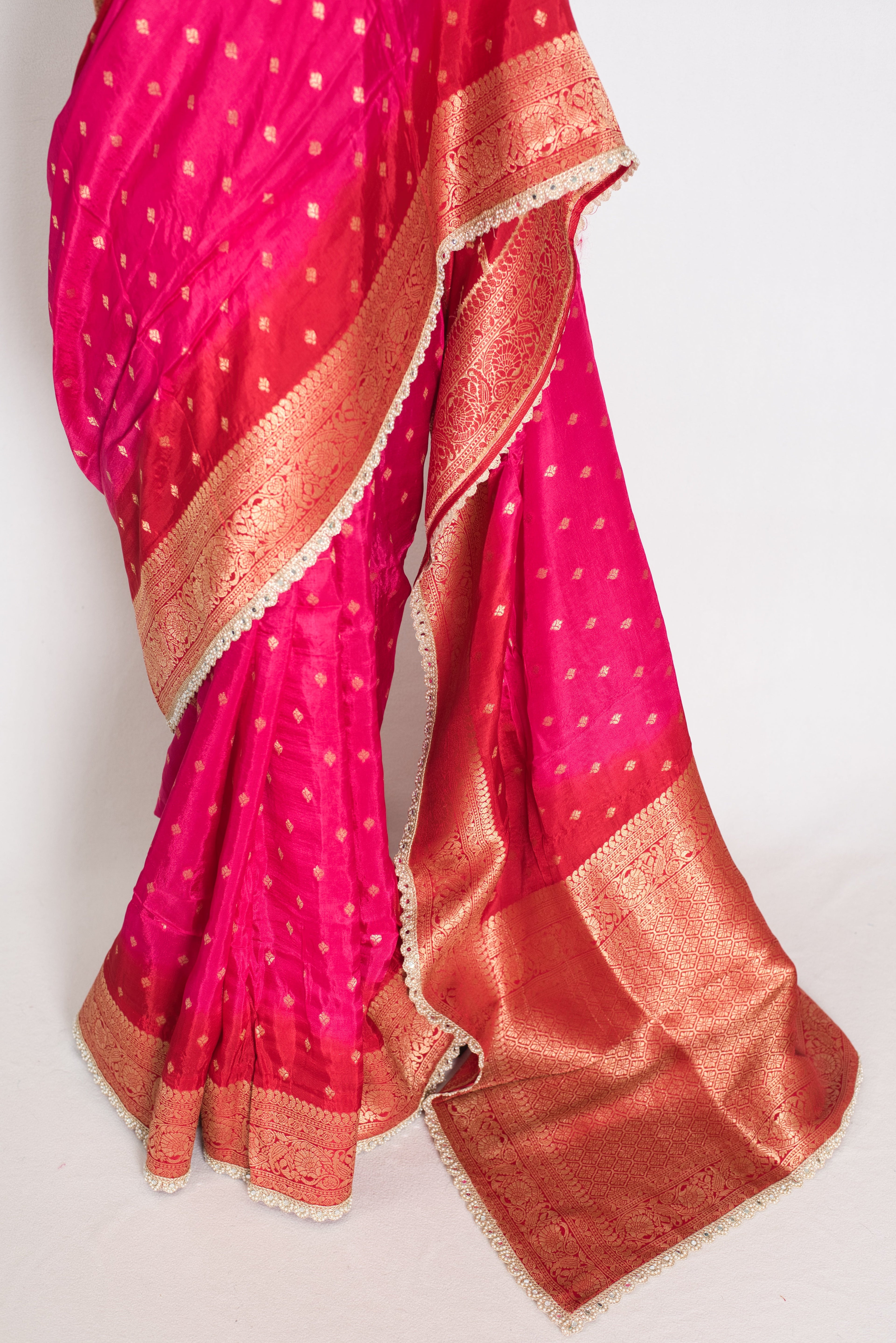 Harini | Pink & Red Dola Silk Banarasi Saree | Designer Stitched Lace Border
