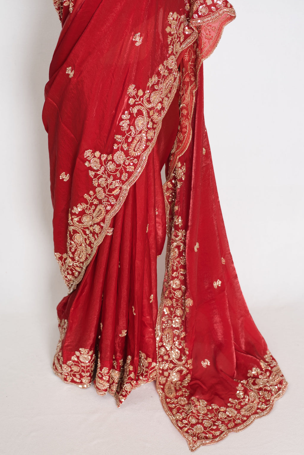 Roshni | Bright Red Tissue Saree | Pre-Stitched Size 40 Blouse