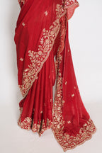 Roshni | Bright Red Tissue Saree | Pre-Stitched Size 40 Blouse