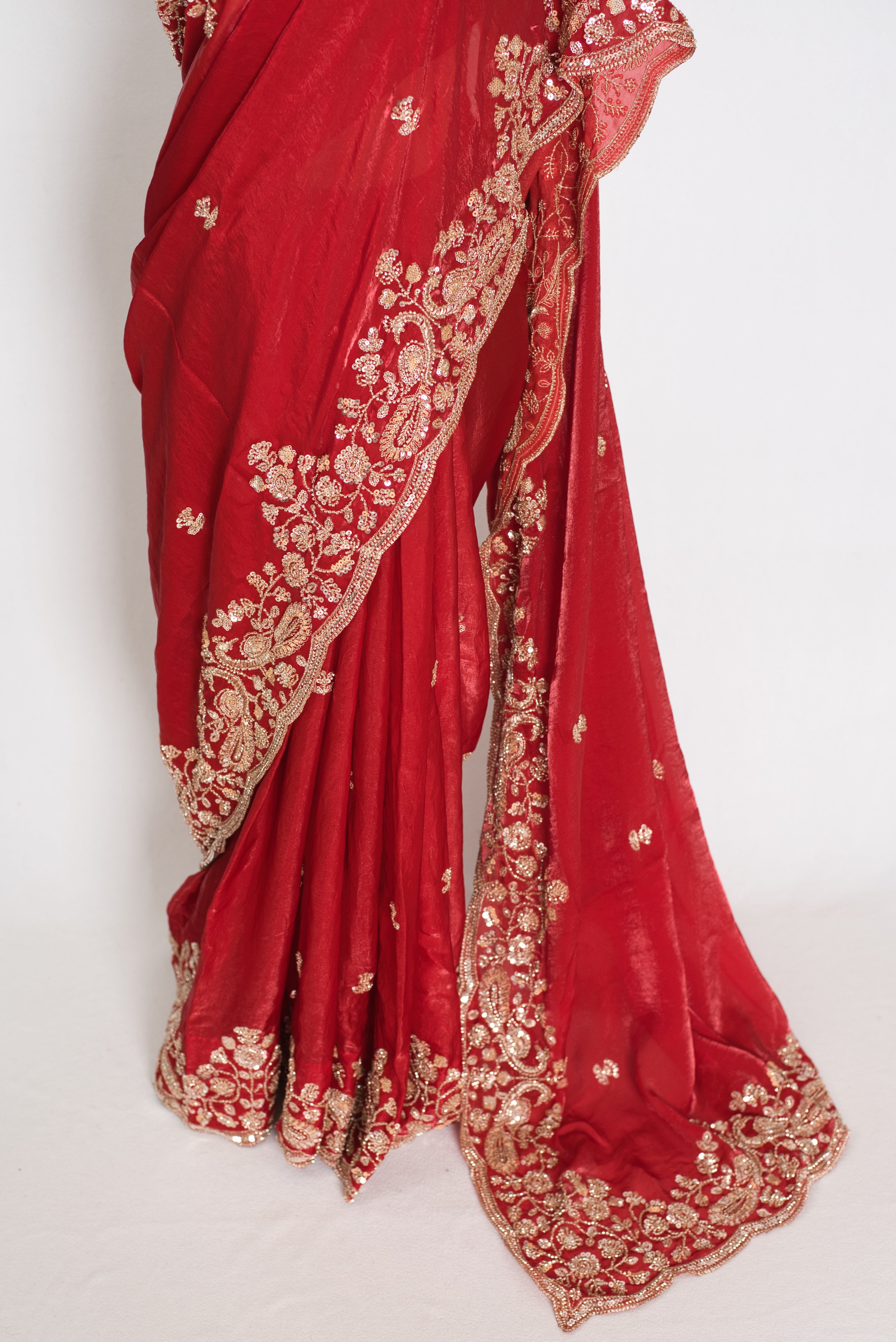 Roshni | Bright Red Tissue Saree | Pre-Stitched Size 40 Blouse