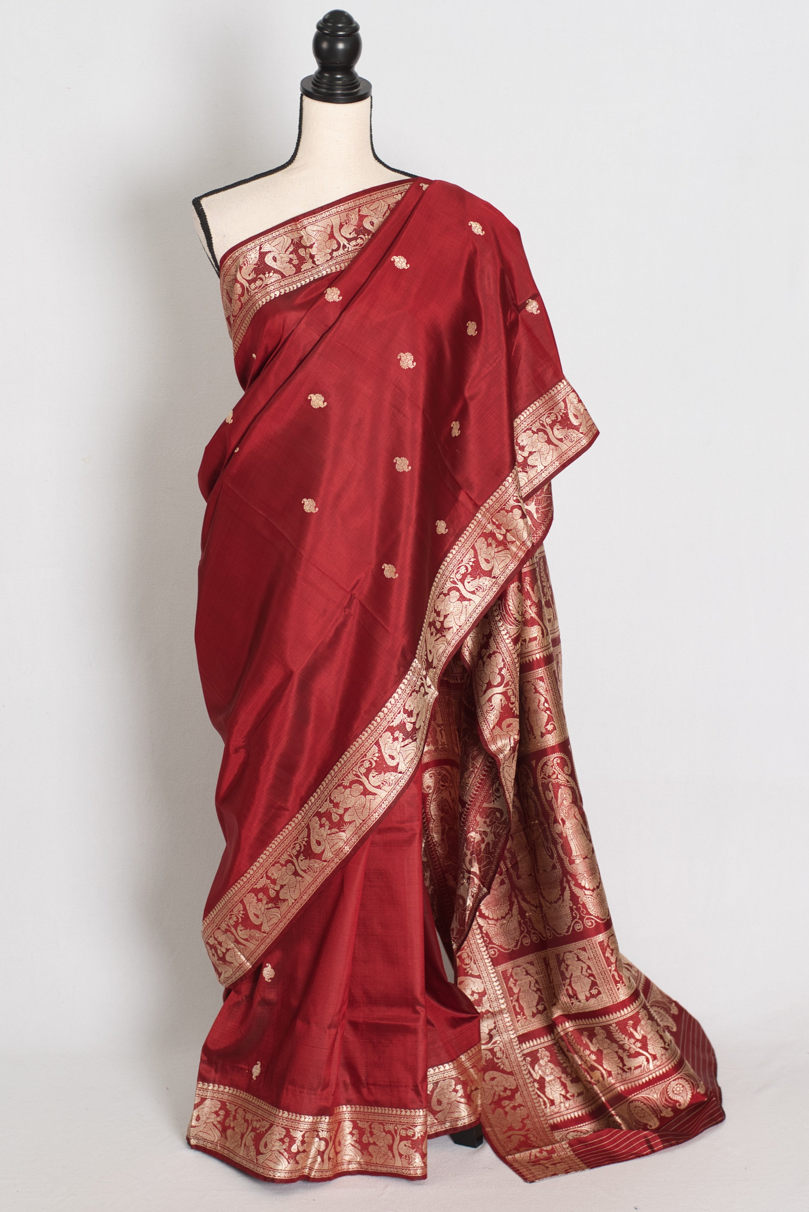 Pritha | Royal Maroon and Cream Handwoven Baluchari Pure Silk Saree