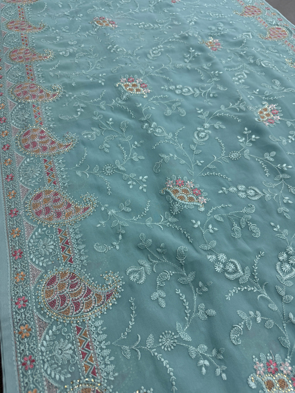Sudha | Soft Blue Georgette Partywear Saree | Soothing Pastel Floral Embroidery