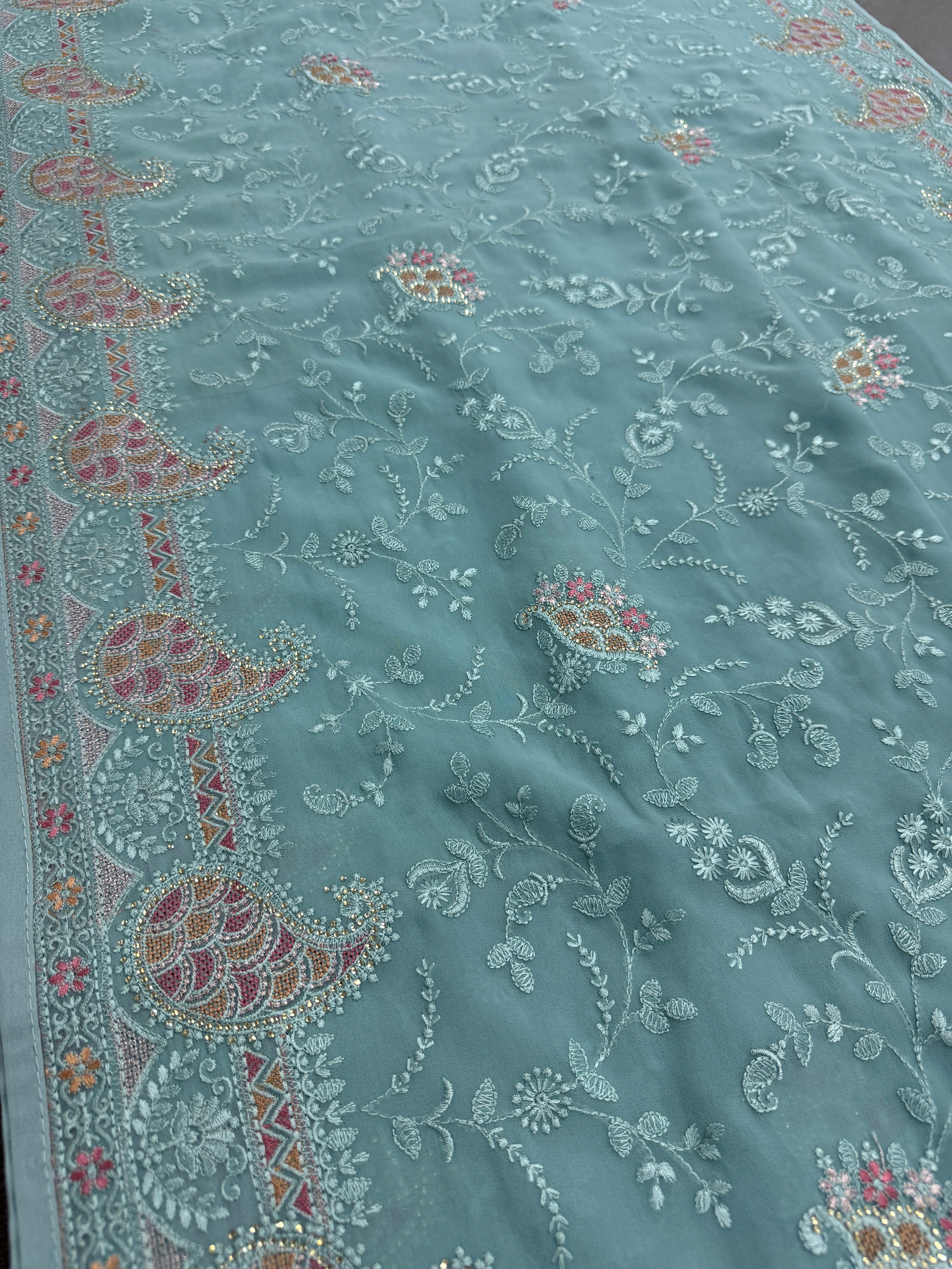 Sudha | Soft Blue Georgette Partywear Saree | Soothing Pastel Floral Embroidery