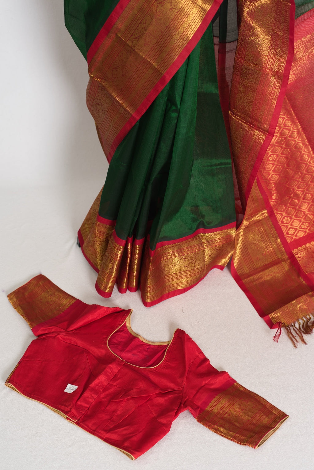 Latha : Bottle Green and Red Cotton Silk Kanjivaram Saree with 36 Size Blouse