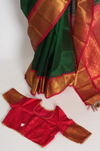 Latha : Bottle Green and Red Cotton Silk Kanjivaram Saree with 36 Size Blouse
