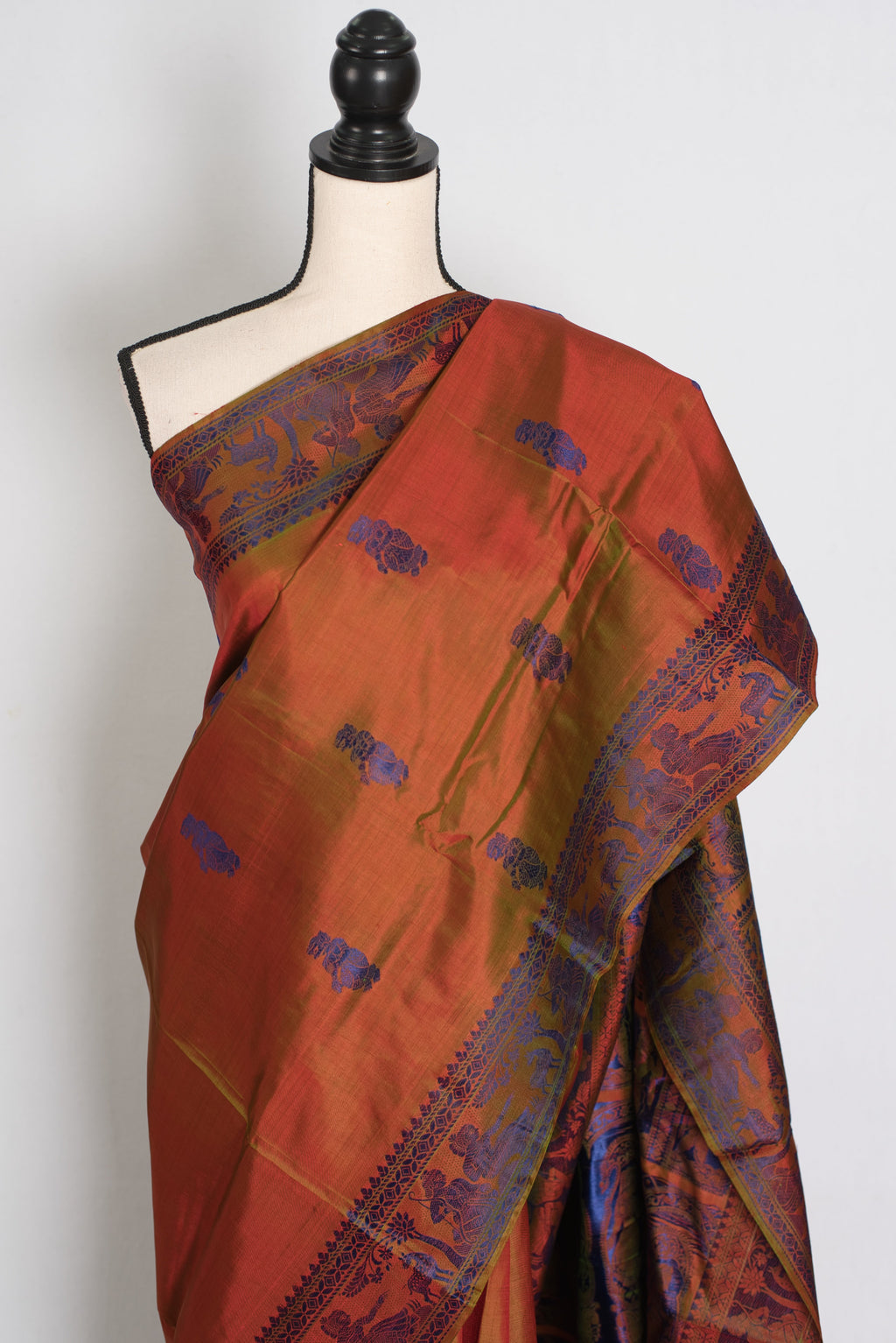Nita | Brown and Blue Handwoven Baluchari Silk Saree with Blue Minakari Detail