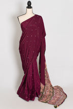 Naheed | Wine Color Mirror Work Partywear Ajrakh Saree | Bollywood Inspired
