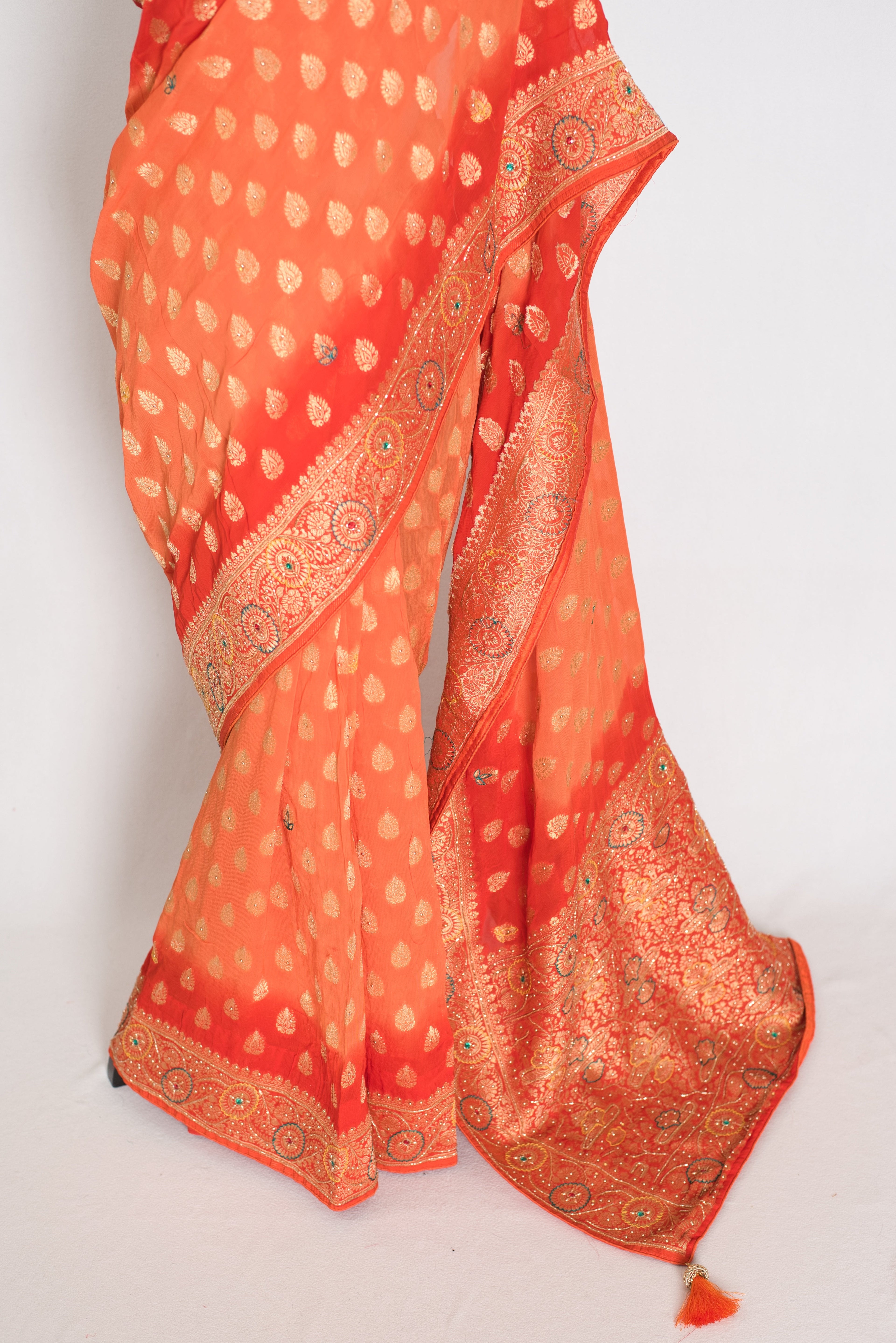 Anisha | Orange Semi Khaddi Georgette Banarasi Saree | Embroidery Work