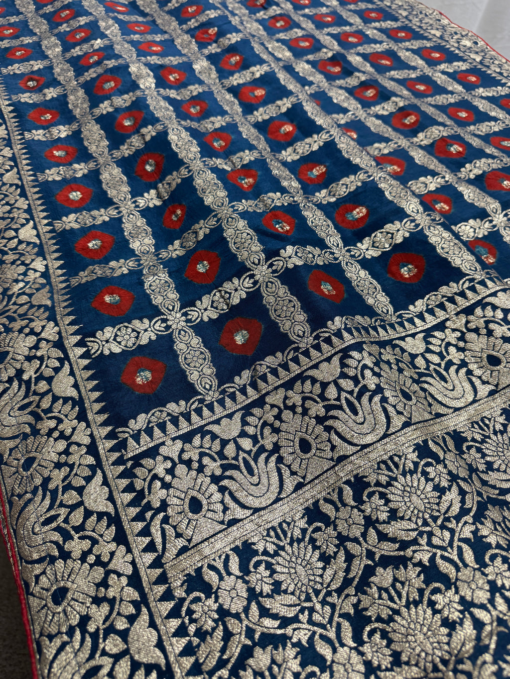 Parul | Dark Blue & Red Gharchola Banarasi Saree | Silver Zari Dola Silk