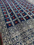 Parul | Dark Blue & Red Gharchola Banarasi Saree | Silver Zari Dola Silk