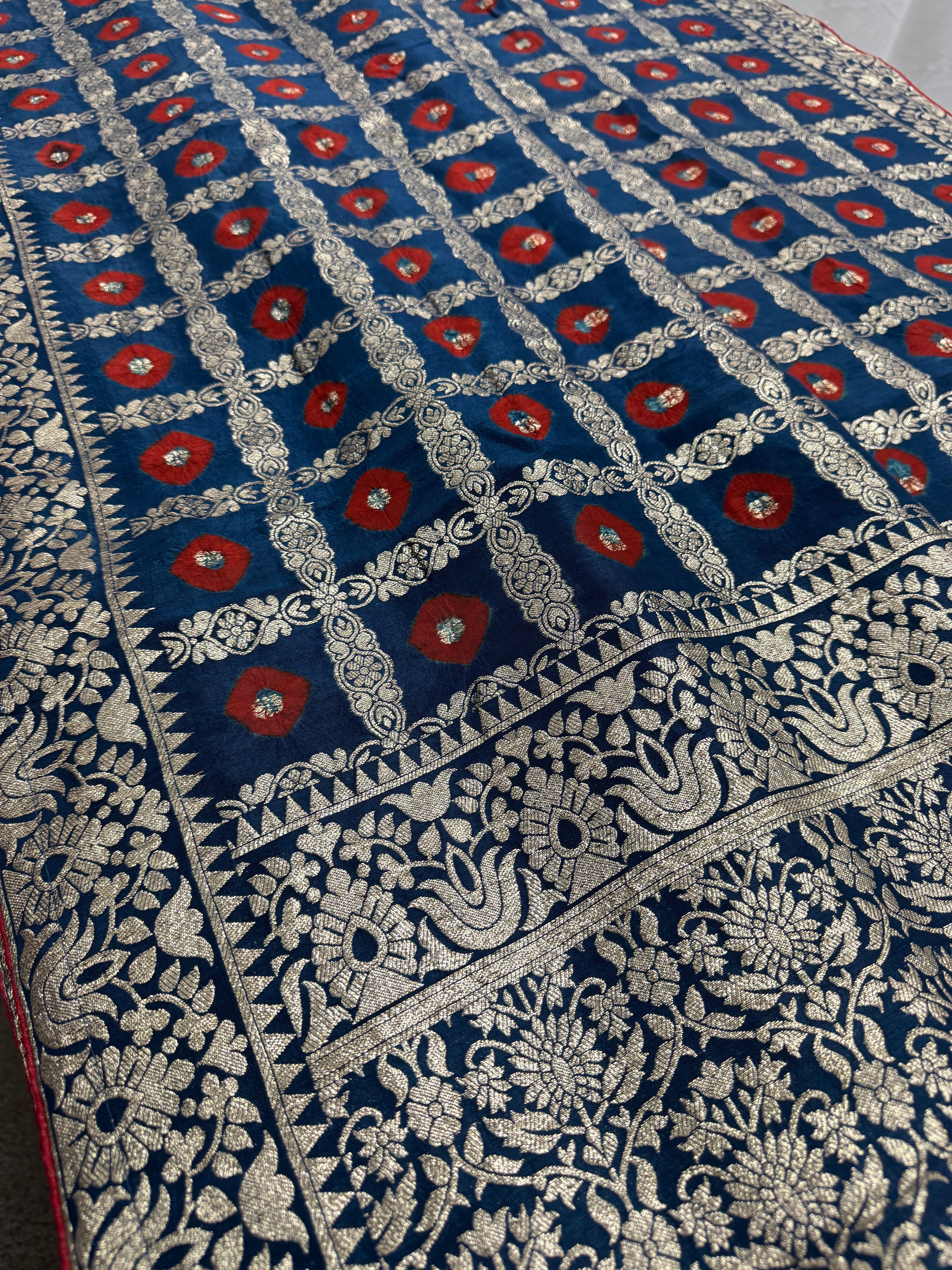 Parul | Dark Blue & Red Gharchola Banarasi Saree | Silver Zari Dola Silk