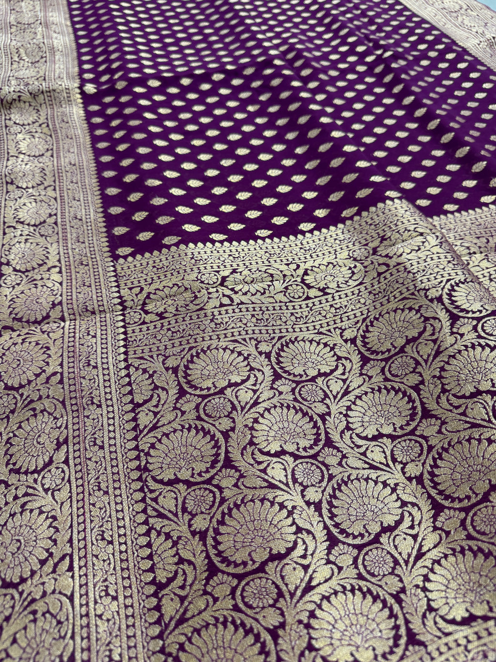 Trina : Wine and Gold Crepe Georgette Banarasi Saree