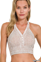 Zenana Washed Ribbed Seamless Button V-neck Tank Top