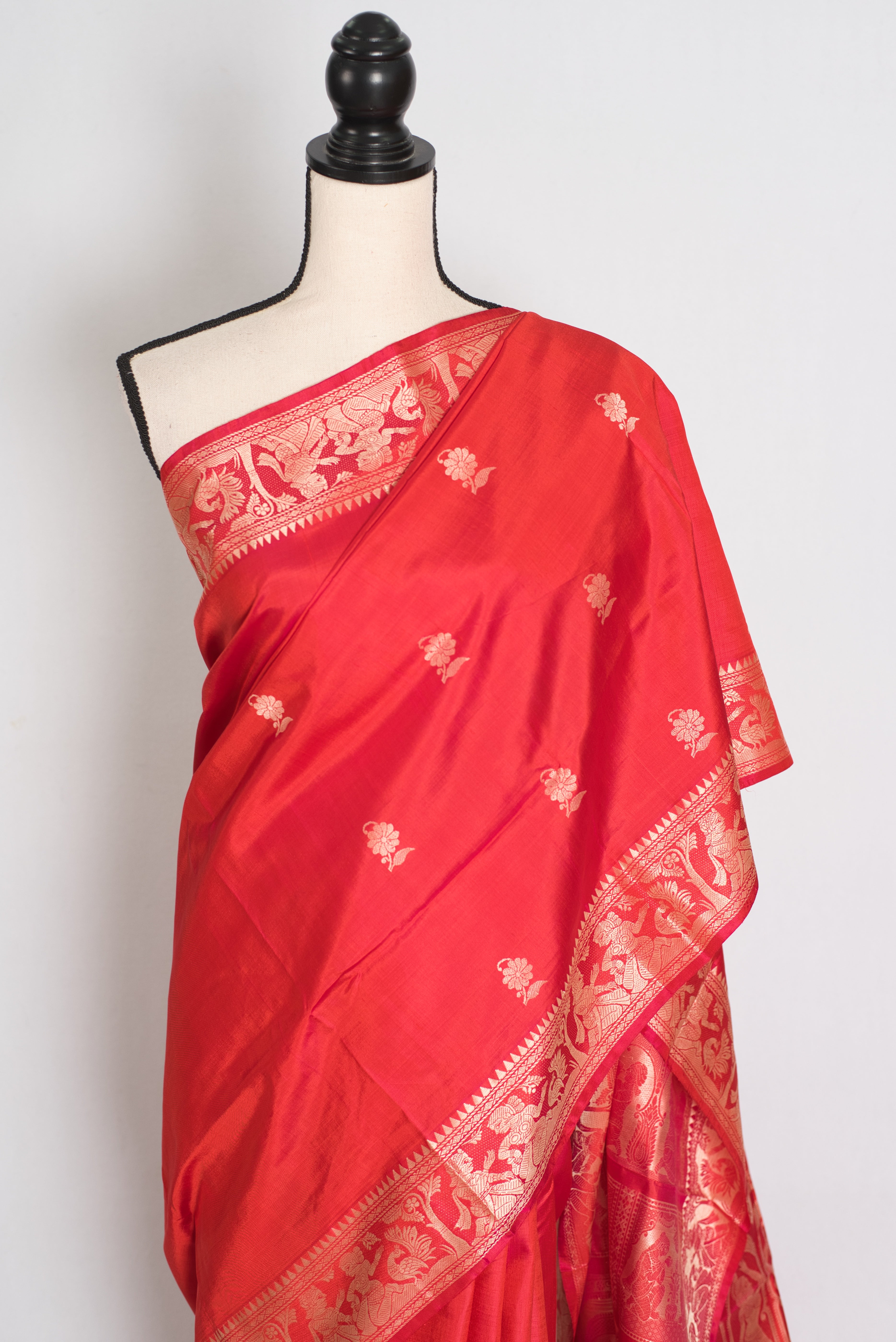 Supriya | Orange Red and Cream Handwoven Baluchari Pure Silk Saree