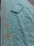 Sudha | Soft Blue Georgette Partywear Saree | Soothing Pastel Floral Embroidery