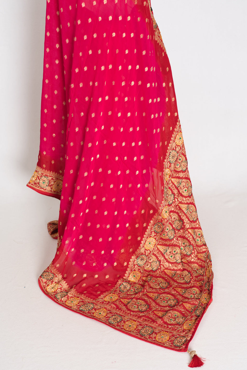 Nadira | Dark Pink & Red Crepe Georgette Banarasi Saree | Hand-Embroidery