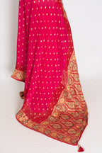 Nadira | Dark Pink & Red Crepe Georgette Banarasi Saree | Hand-Embroidery