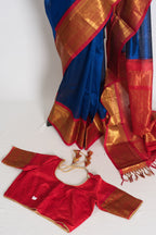 Mala : Royal Blue and Red Cotton Silk Kanjivaram Saree with 38 Size Blouse