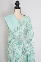 Ishq | Sea Green Soft Net Saree | Ready-To-Wear Set with Size 36 Stitched Blouse