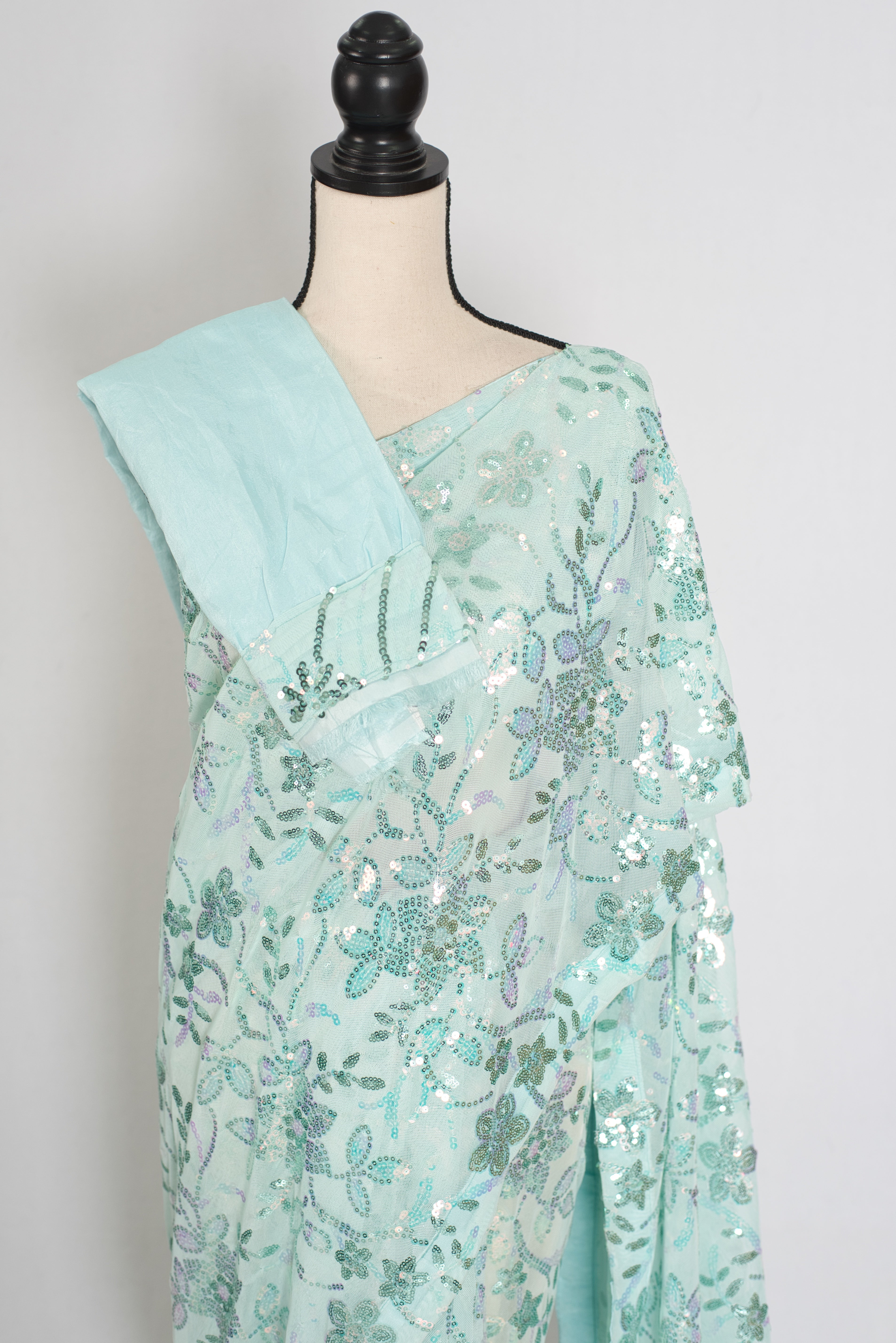 Ishq | Sea Green Soft Net Saree | Ready-To-Wear Set with Size 36 Stitched Blouse