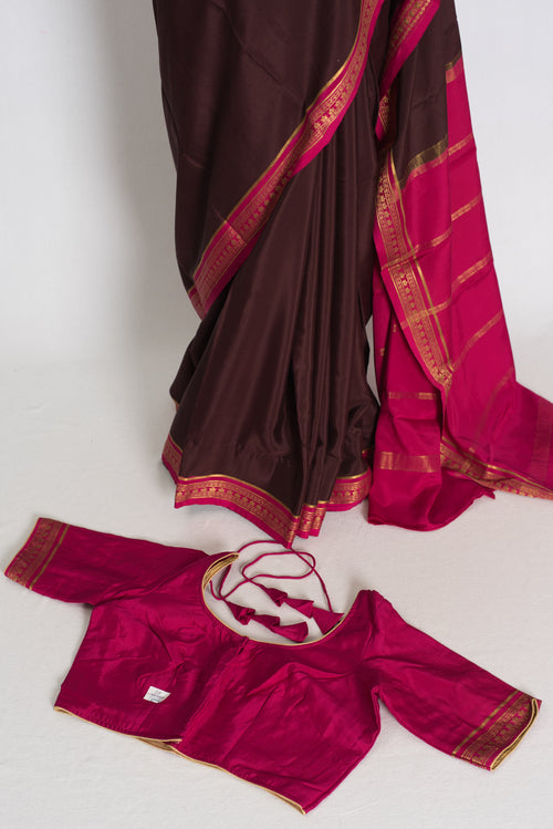 Devi : Brown and Pink Pure Mysore Crepe Silk Saree with 38 Size Stitched Blouse